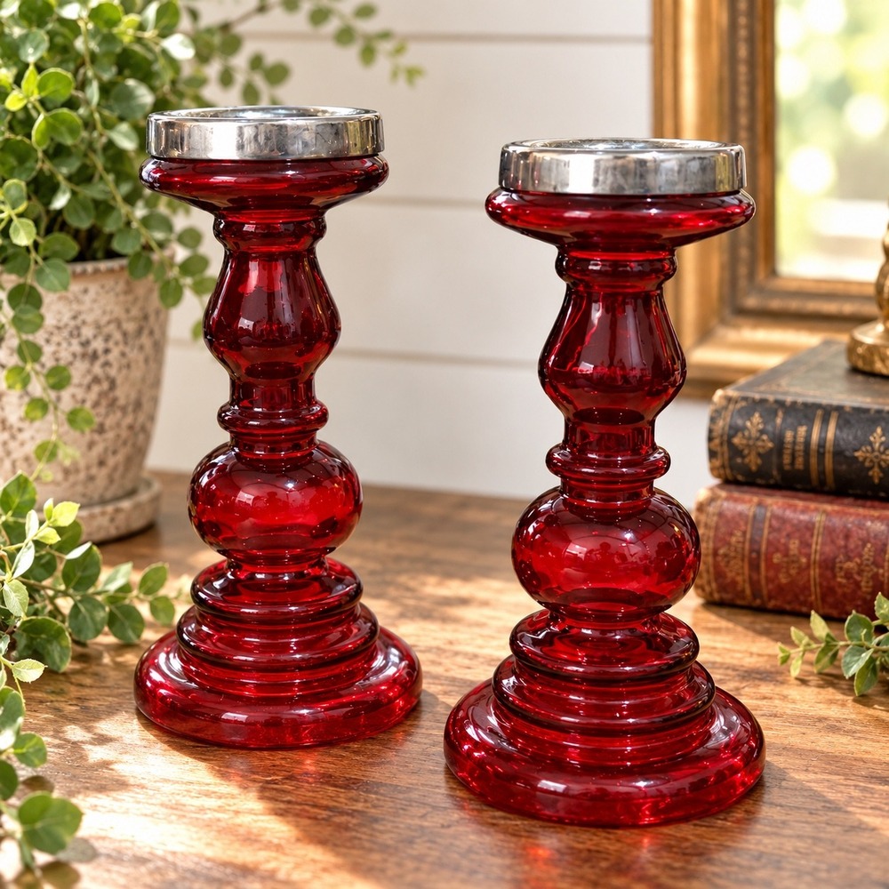 Vintage Ruby Red Glass Candlestick Holders Set 2 Silver Rim Baluster 11.5 inch